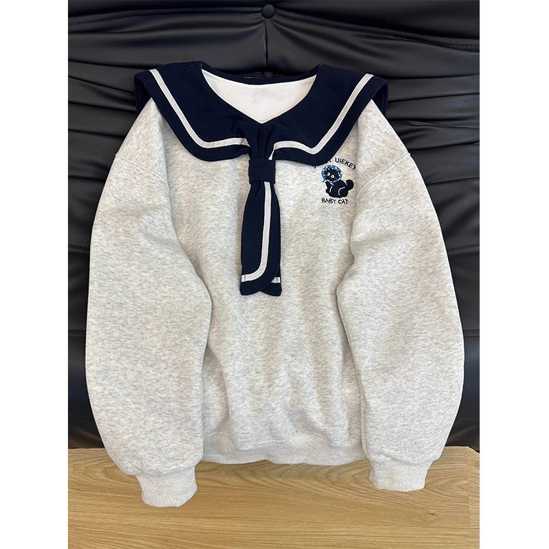 Style Navy Collar Hoodie Women Casual Loose Youthful Embroidered Design Top