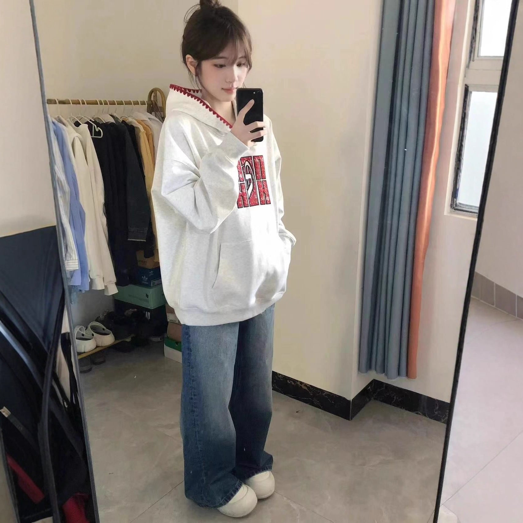 Chic Floral Gray Hoodie for Women, Loose Oversized College Style Casual Versatile Jacket