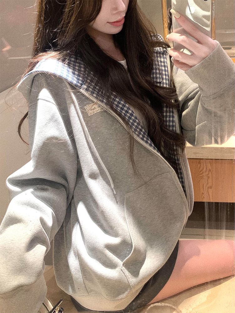 Vintage Plaid Patchwork Hooded Sweatshirt Unique Design Open Front Cardigan Casual Versatile