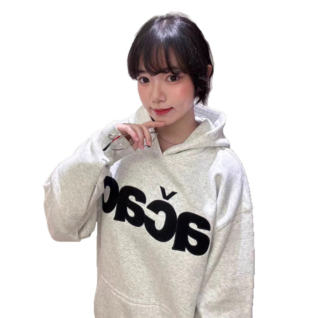 Chic Gray Hooded Sweatshirt for Women,Small Batch Letter Embroidery Pullover Long Sleeve Top