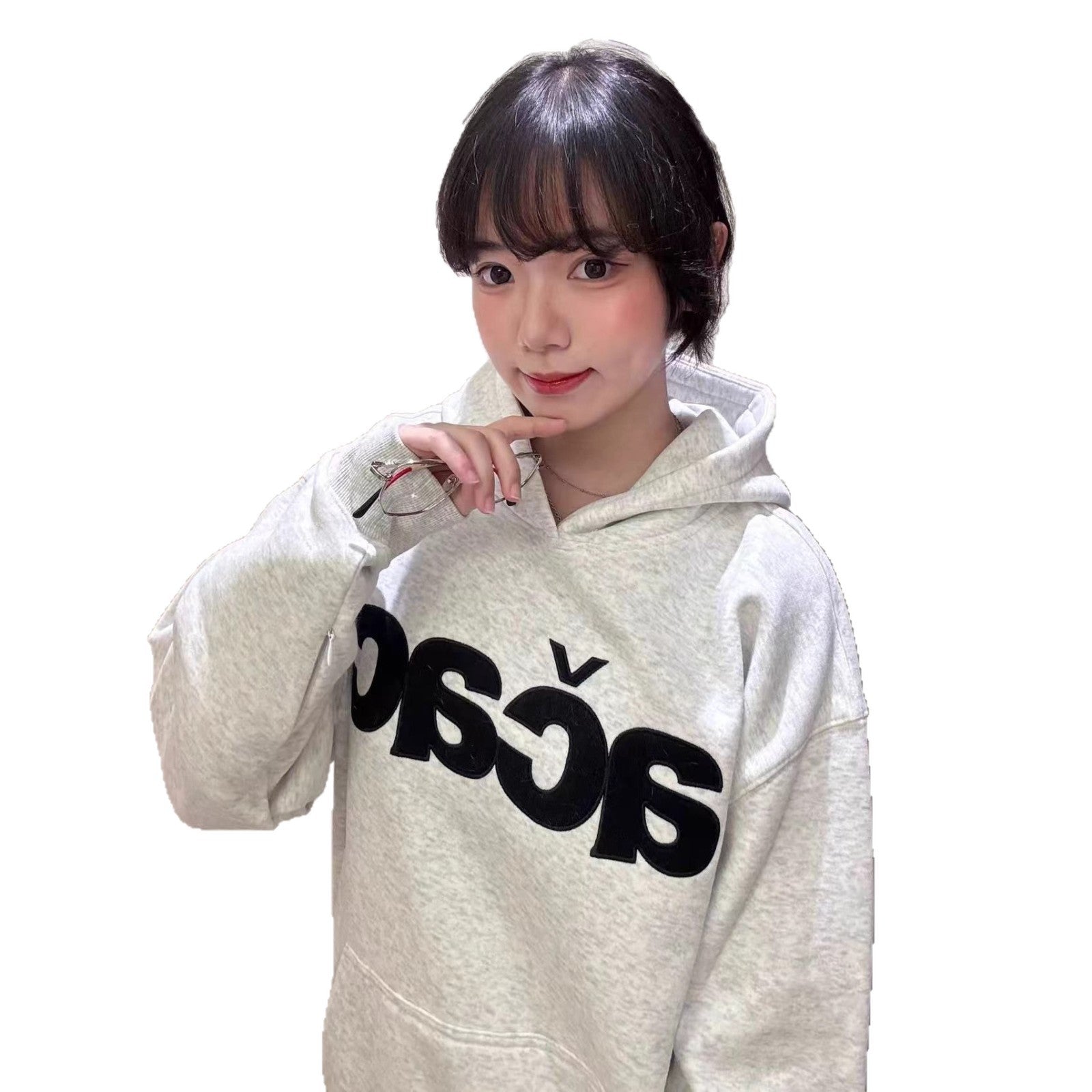 Chic Gray Hooded Sweatshirt for Women,Small Batch Letter Embroidery Pullover Long Sleeve Top