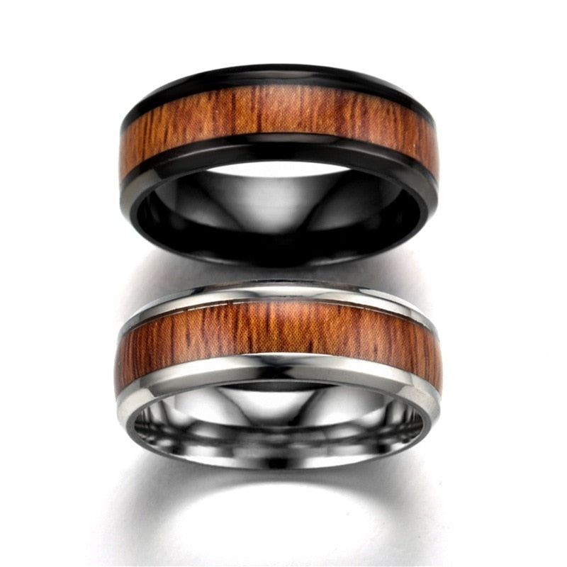 Vintage Stainless Steel Wood Rings For Men