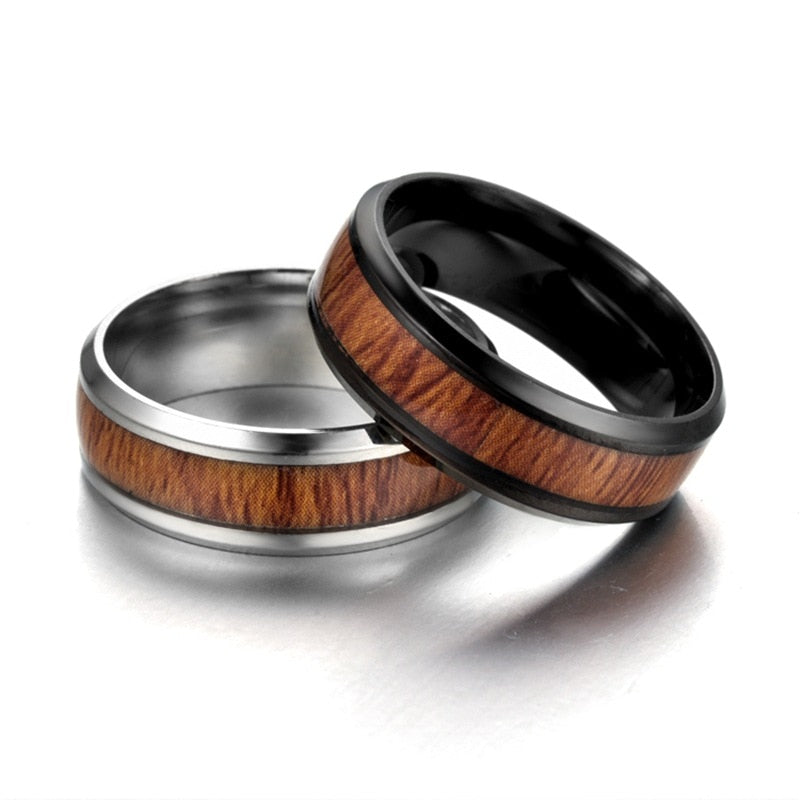 Vintage Stainless Steel Wood Rings For Men