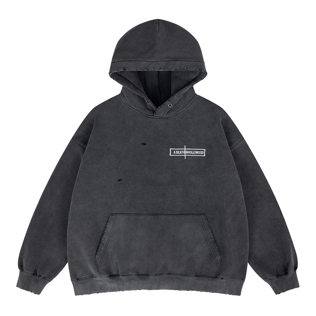 Patchwork Washed Hole Hand-Painted Print Fleece Lined Hoodie