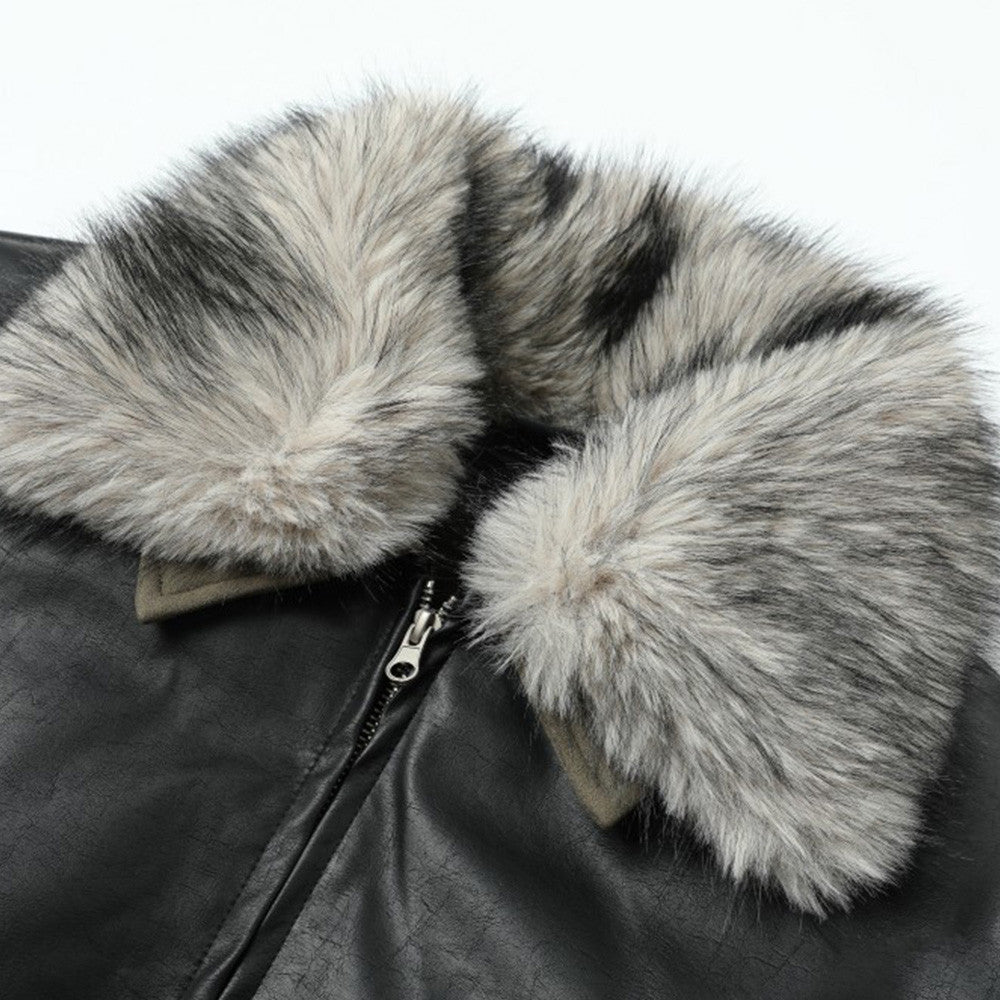 Detachable fur collar lapel PU leather jacket