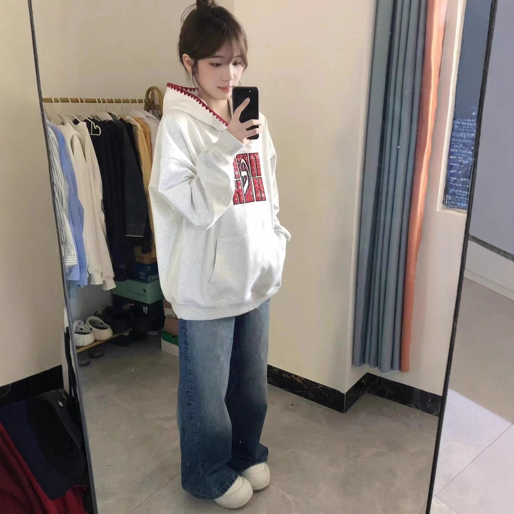 Chic Floral Gray Hoodie for Women, Loose Oversized College Style Casual Versatile Jacket