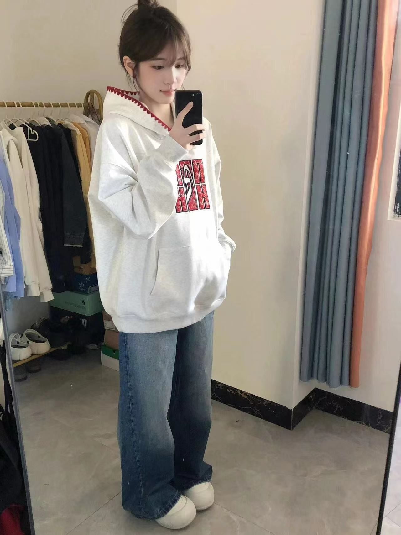 Chic Floral Gray Hoodie for Women, Loose Oversized College Style Casual Versatile Jacket