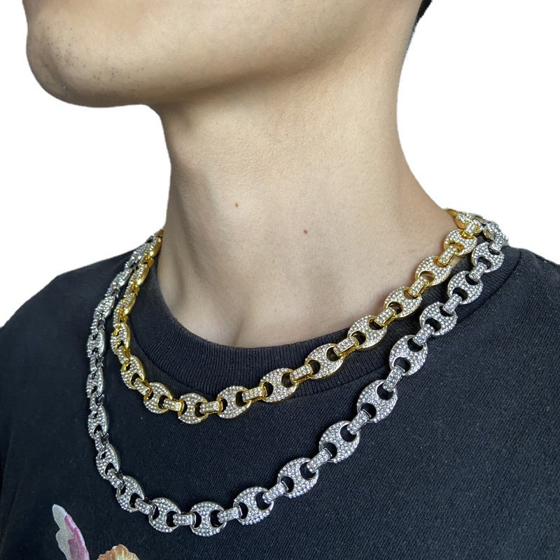 Large Pig Nose 12mm Hip Hop Cuban Link Chain Men Coffee Bean Clavicle Chain Men