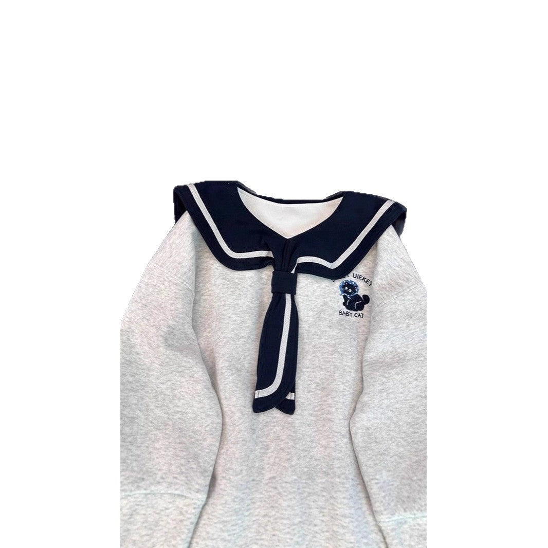 Style Navy Collar Hoodie Women Casual Loose Youthful Embroidered Design Top