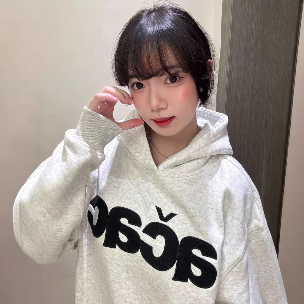 Chic Gray Hooded Sweatshirt for Women,Small Batch Letter Embroidery Pullover Long Sleeve Top