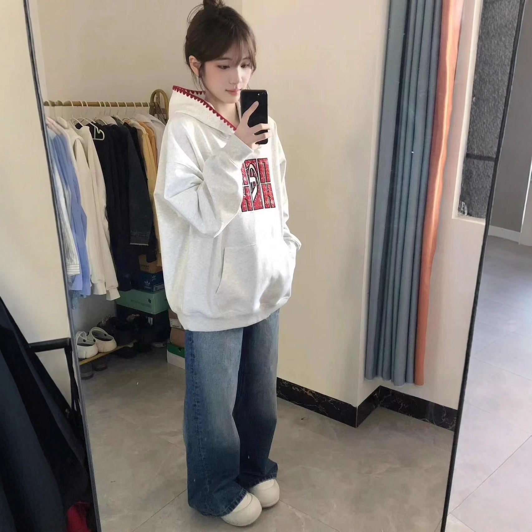Chic Floral Gray Hoodie for Women, Loose Oversized College Style Casual Versatile Jacket