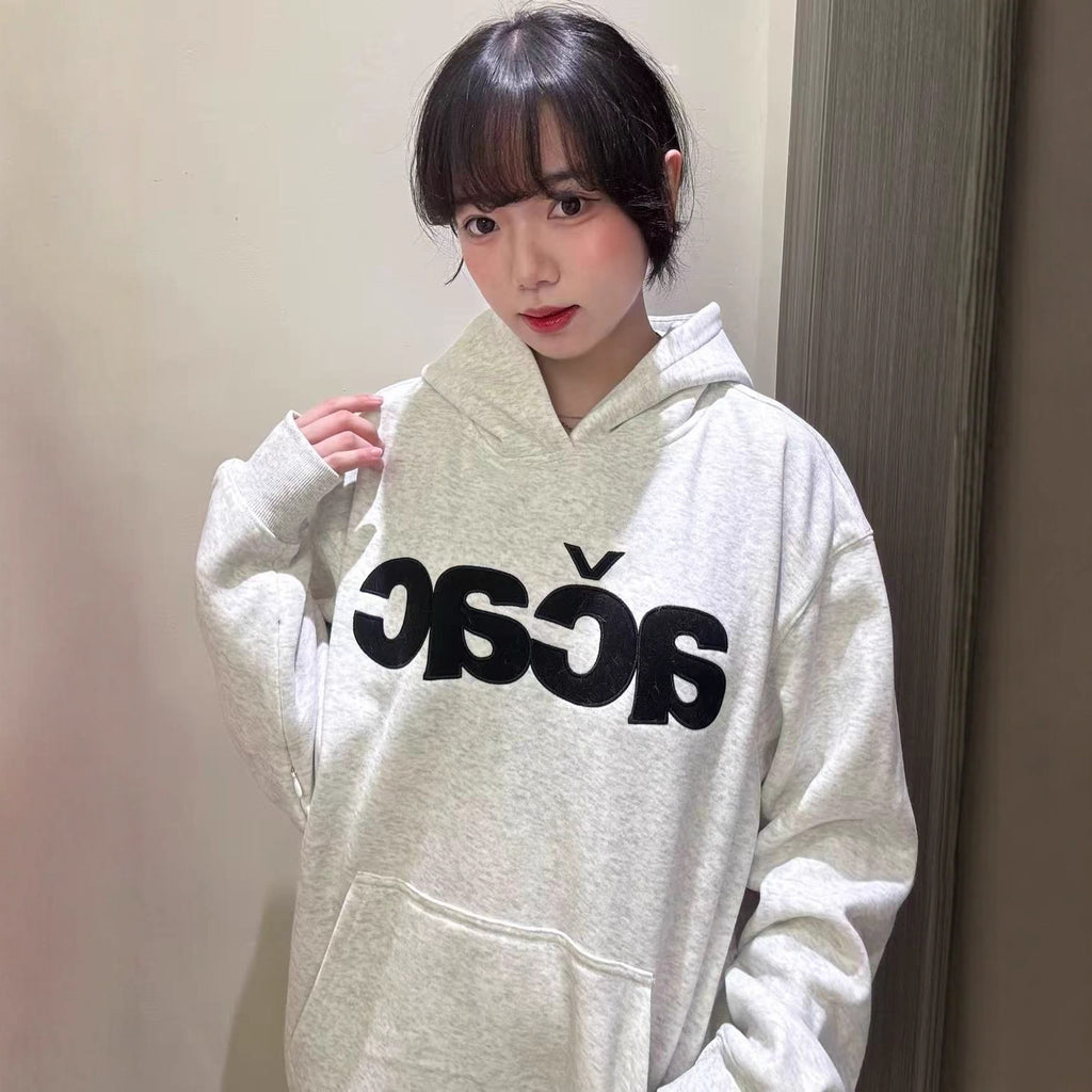 Chic Gray Hooded Sweatshirt for Women,Small Batch Letter Embroidery Pullover Long Sleeve Top
