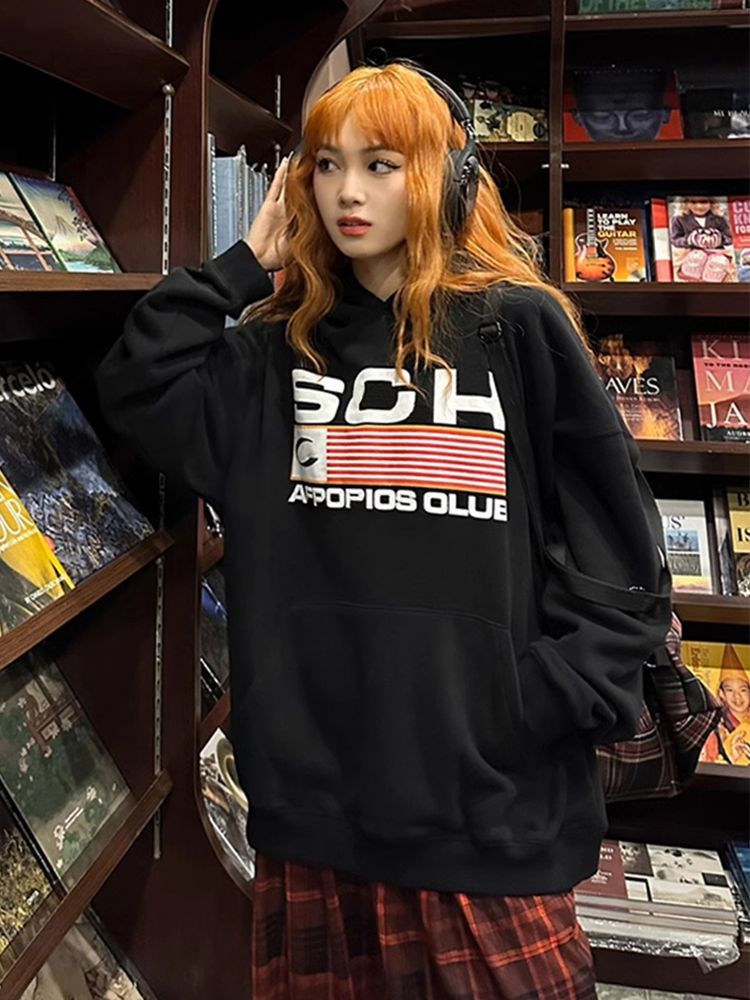 Vintage Hoodie Women's Unique Design Loose Hooded Winter Outwear Top