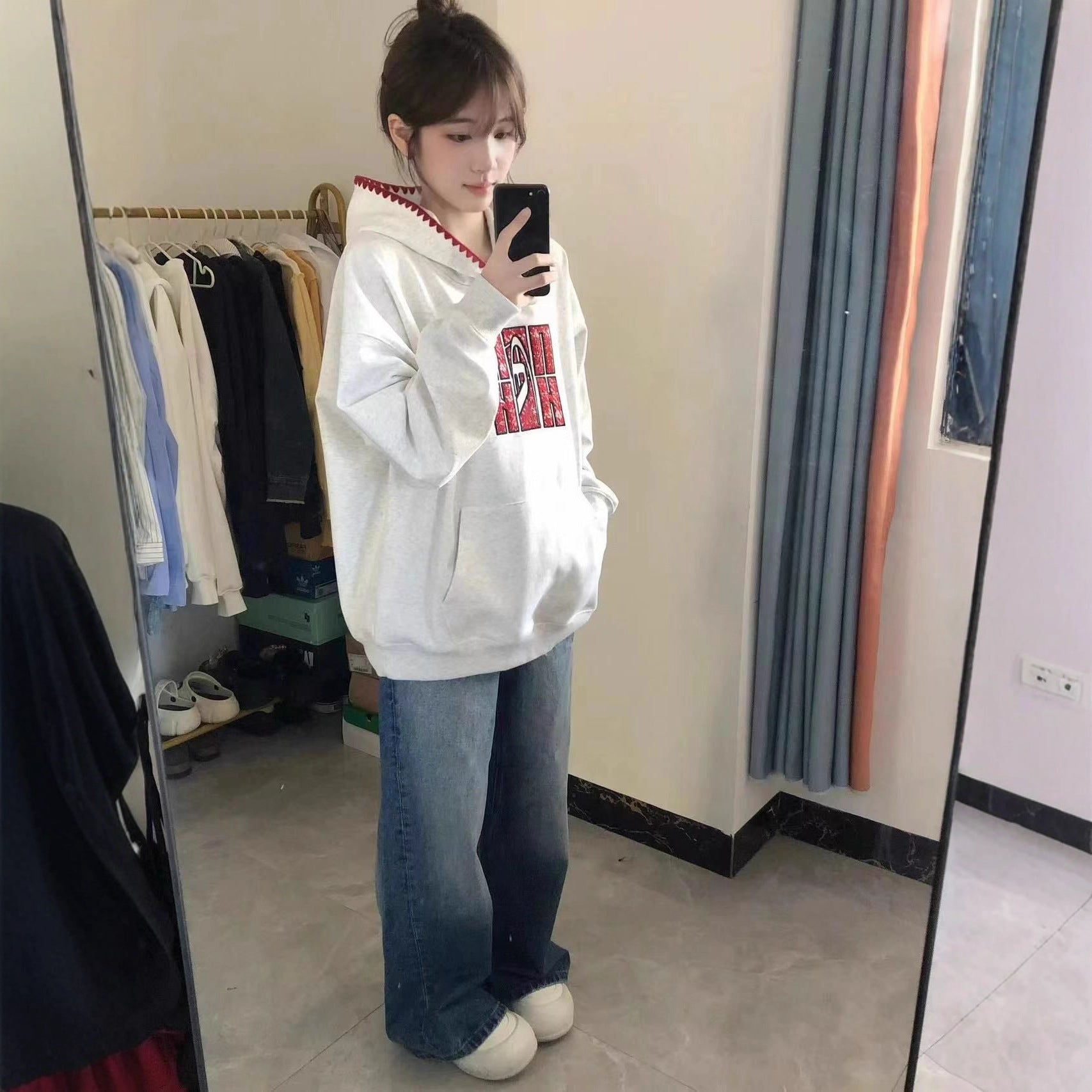 Chic Floral Gray Hoodie for Women, Loose Oversized College Style Casual Versatile Jacket