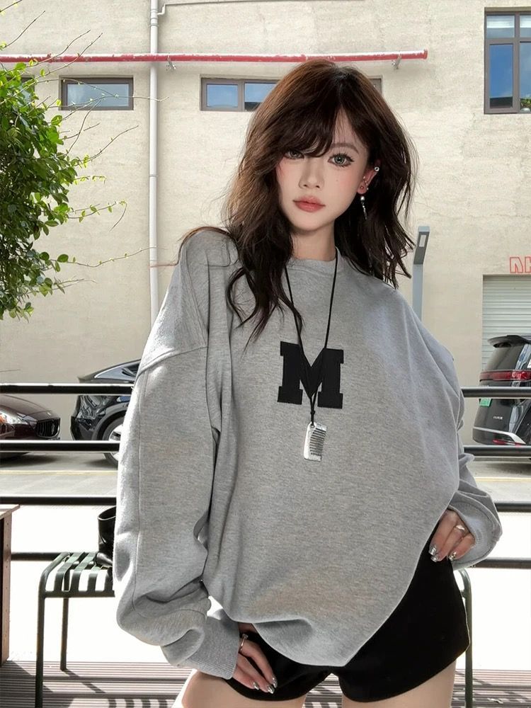 Retro Letter Print Round Neck Gray Long Sleeve Hoodie for Women