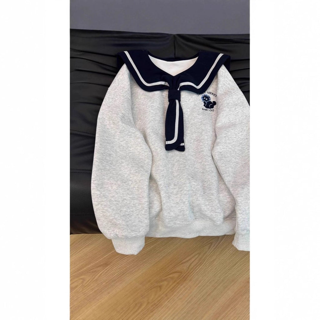Style Navy Collar Hoodie Women Casual Loose Youthful Embroidered Design Top