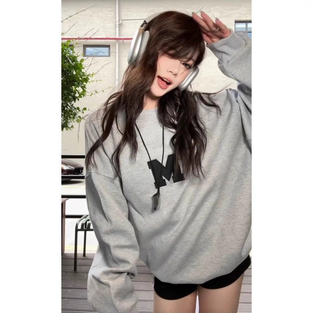 Retro Letter Print Round Neck Gray Long Sleeve Hoodie for Women