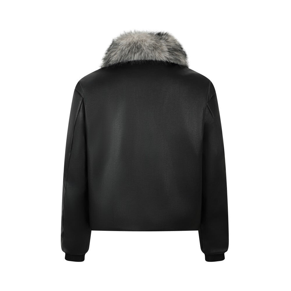 Detachable fur collar lapel PU leather jacket