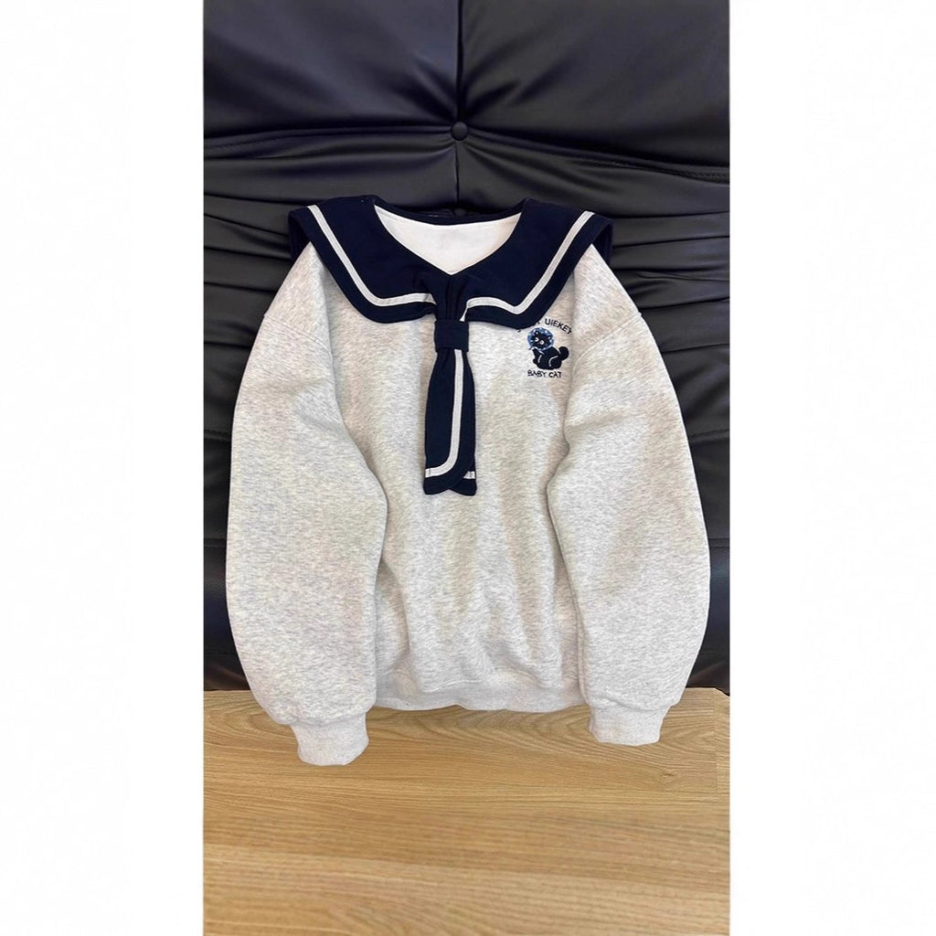 Style Navy Collar Hoodie Women Casual Loose Youthful Embroidered Design Top