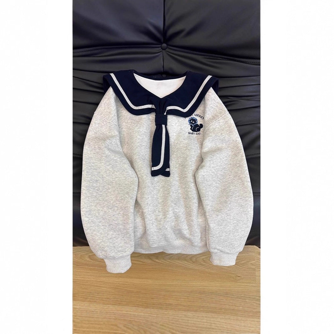 Style Navy Collar Hoodie Women Casual Loose Youthful Embroidered Design Top