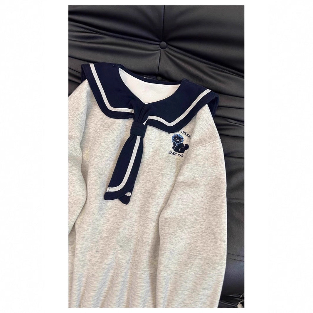 Style Navy Collar Hoodie Women Casual Loose Youthful Embroidered Design Top