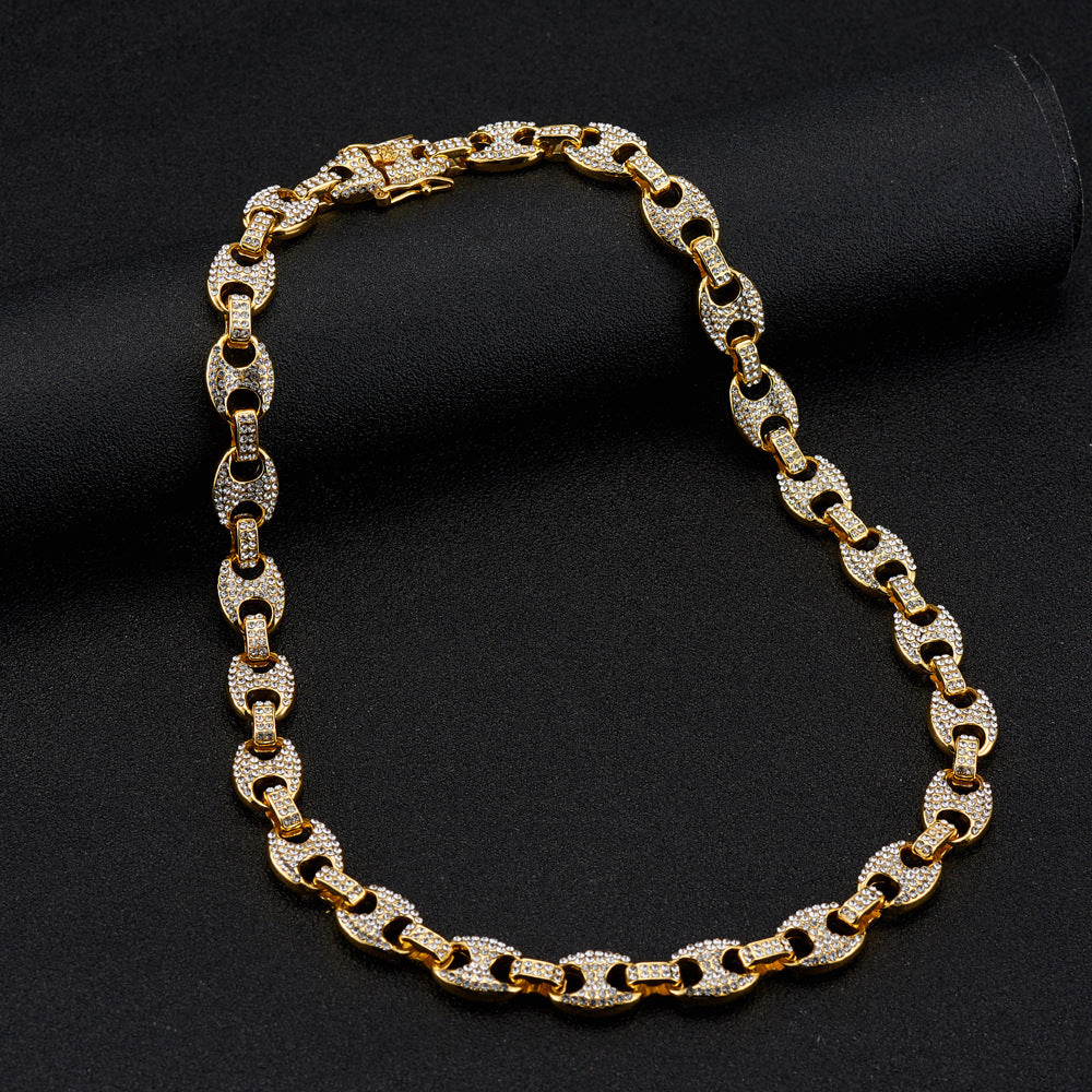Large Pig Nose 12mm Hip Hop Cuban Link Chain Men Coffee Bean Clavicle Chain Men
