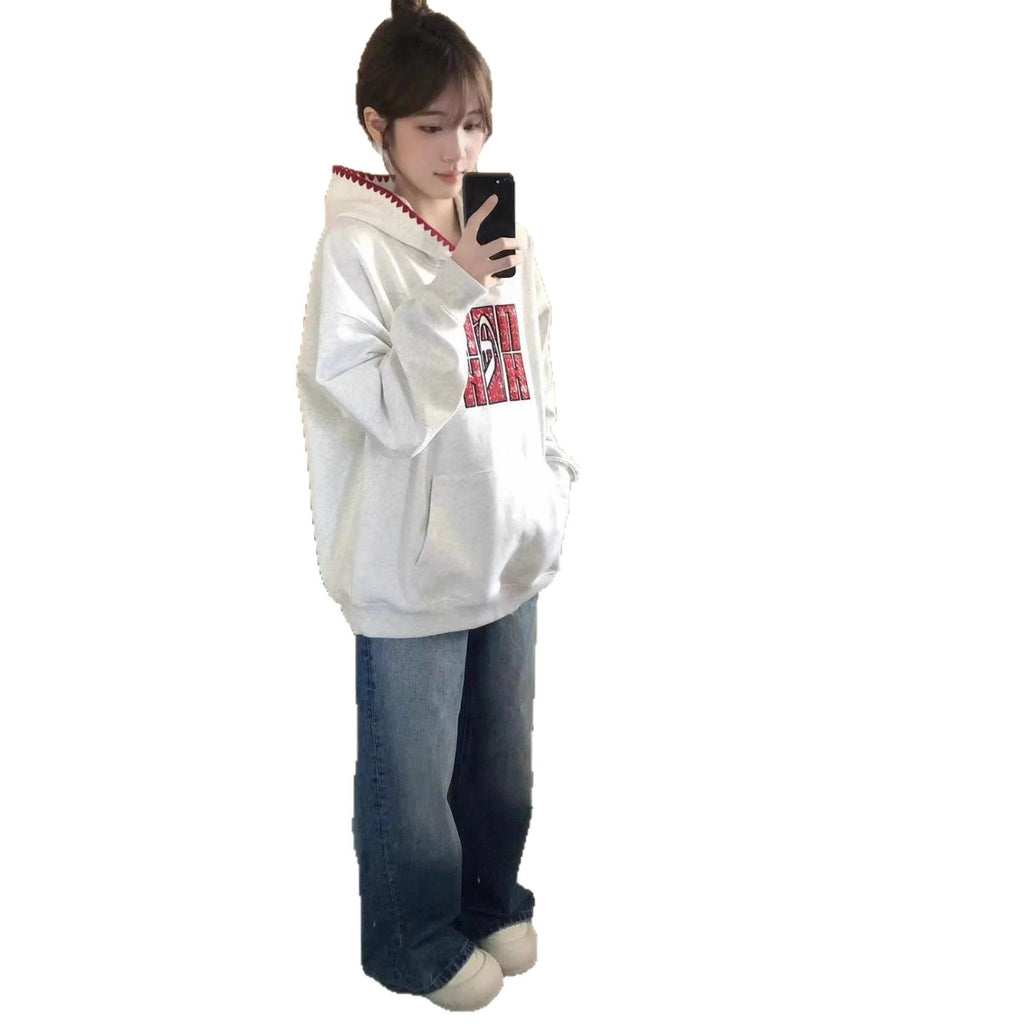 Chic Floral Gray Hoodie for Women, Loose Oversized College Style Casual Versatile Jacket