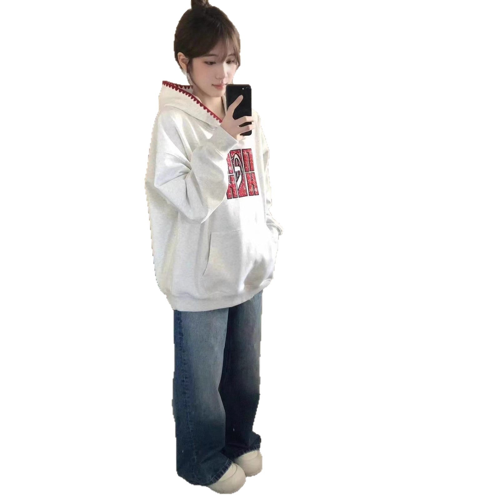 Chic Floral Gray Hoodie for Women, Loose Oversized College Style Casual Versatile Jacket