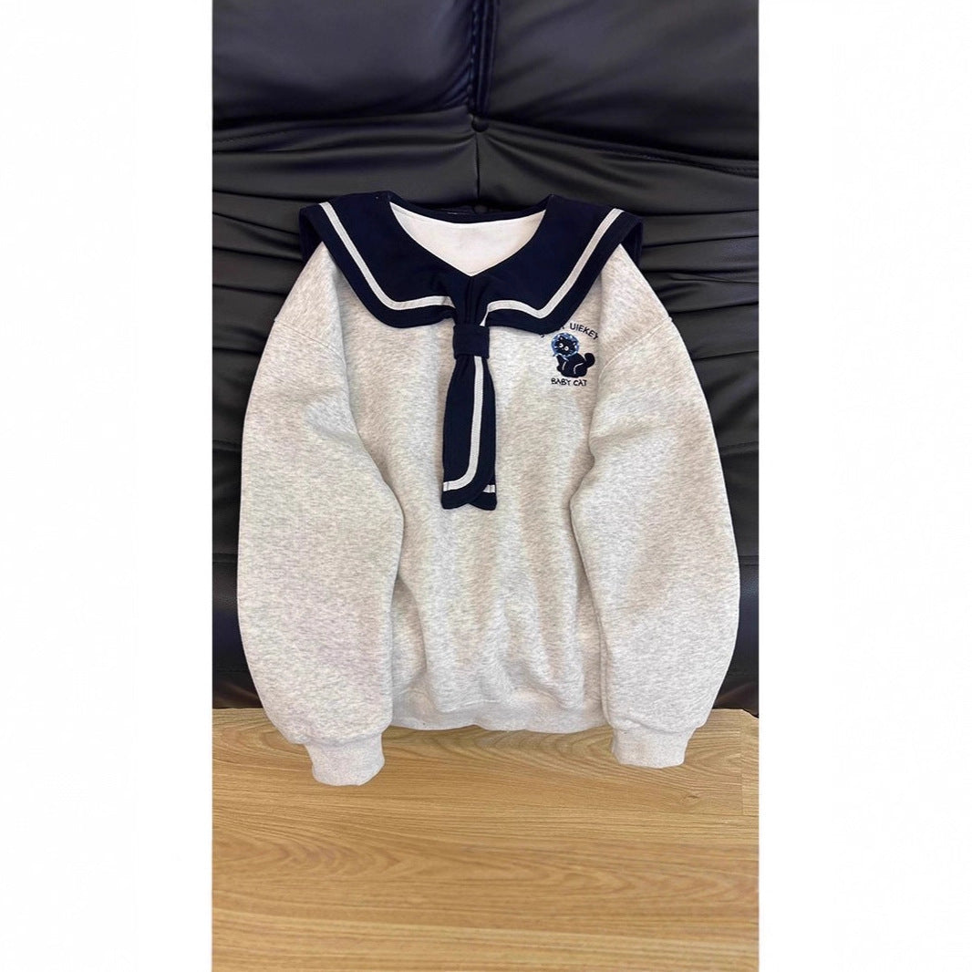 Style Navy Collar Hoodie Women Casual Loose Youthful Embroidered Design Top