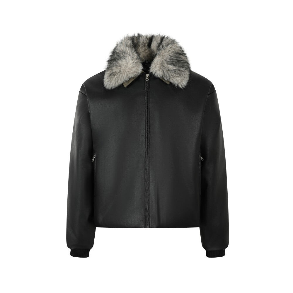 Detachable fur collar lapel PU leather jacket
