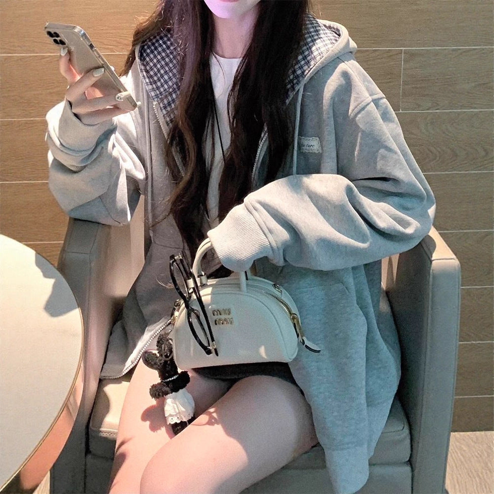 Vintage Plaid Patchwork Hooded Sweatshirt Unique Design Open Front Cardigan Casual Versatile