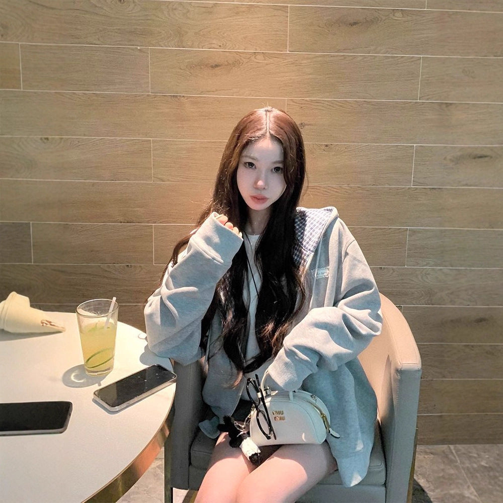 Vintage Plaid Patchwork Hooded Sweatshirt Unique Design Open Front Cardigan Casual Versatile