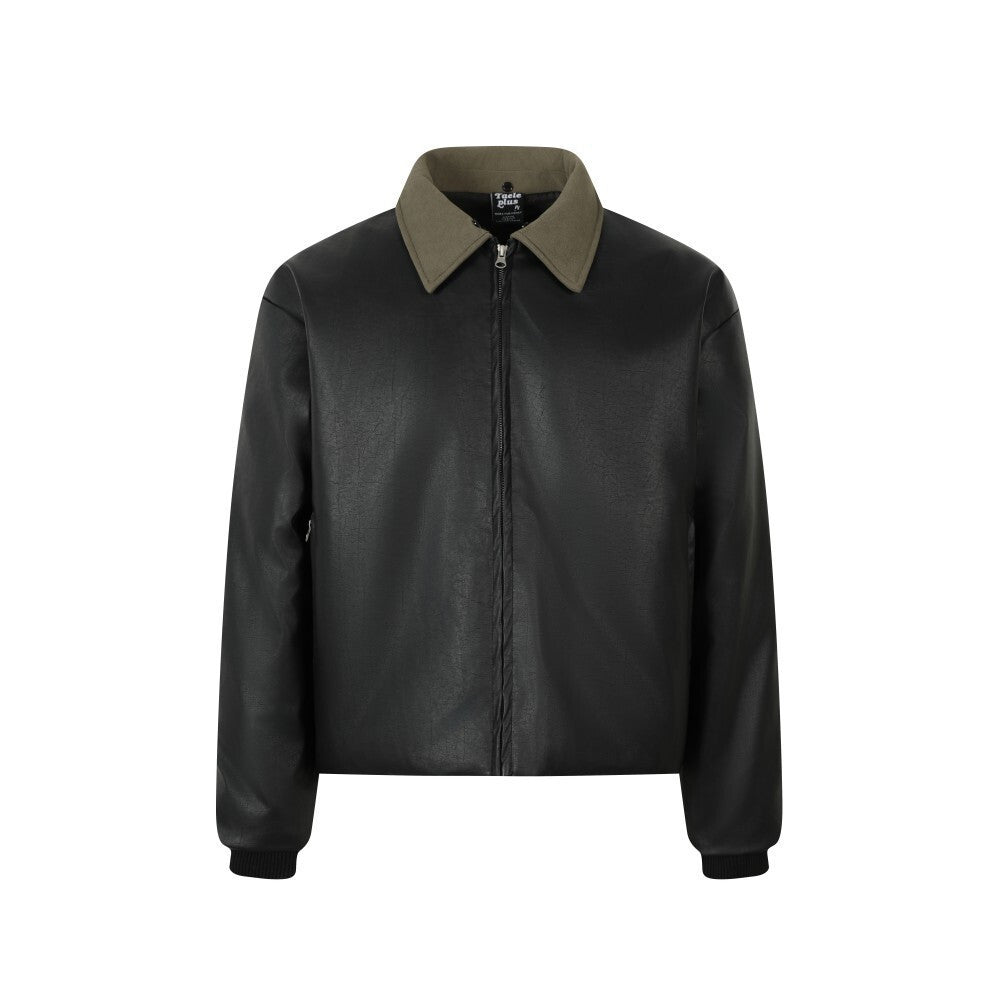 Detachable fur collar lapel PU leather jacket