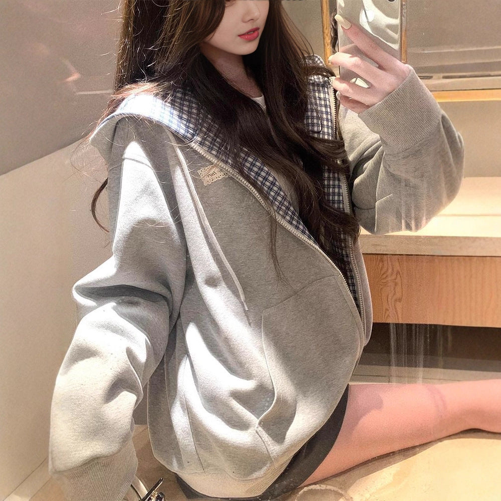 Vintage Plaid Patchwork Hooded Sweatshirt Unique Design Open Front Cardigan Casual Versatile