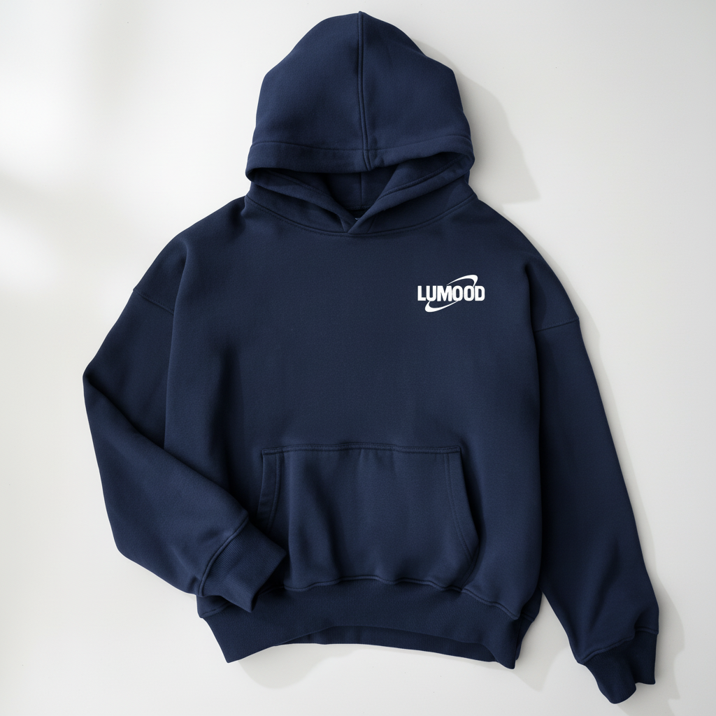 LUMOOD Navy Blue Hoodie with White Logo